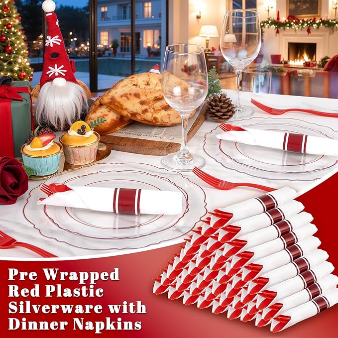 Red Plastic Disposable Spoon, Fork and Knife Set with Napkins, 400 Pieces