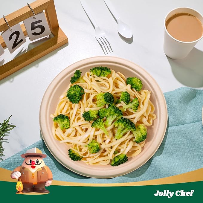 JOLLY CHEF Compostable Heavy Duty Plates 𝟭𝟬 𝗜𝗻𝗰𝗵 [𝟭𝟮𝟱 𝗣𝗮𝗰𝗸] Eco-Friendly Disposable Paper Plates Made of Bagasse Biodegradable Bulk for Party Dinner Sugarcane Fibers Round (Natural)