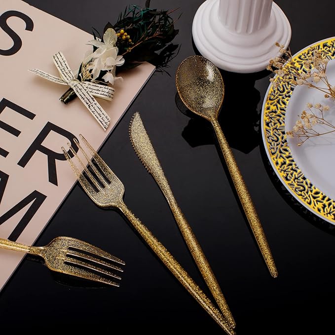 Plastic Spoons, 180 Count Gold Glitter Party Flatware Set