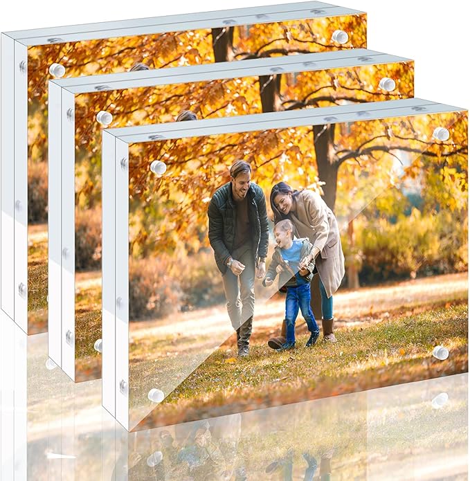 3 Pack 6x8 Acrylic Picture Frames - 20% Thicker Double Sided Magnetic Frame with UV Protection - Freestanding Clear Frameless Display for Tabletops - Modern Photo Frame Set for Home & Office Decor