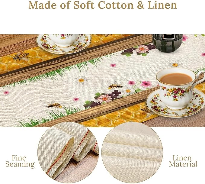 Watercolor Honeycomb Table Runner, Farmhouse Spring Summer Autumn Fall Floral Daisy Bee Print Kitchen Dining Table Decoration for Home Party Decor, 13x70inch