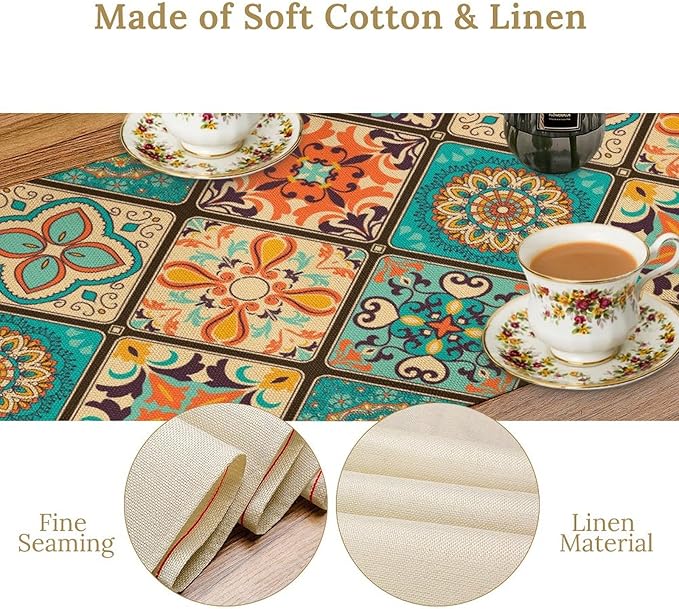 Bohemian Patchwork Table Runnerboho Colorful Tile Patchwork Indian Floral Print Table Runner for Home Kitchen Indoor Outdoor Party Wedding Decor, 13x120inch