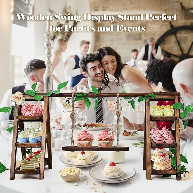 Cake Stand, 3-Tier Wooden Cupcake Display, Brown Foldable Design