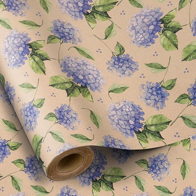 RUSPEPA Hydrangea Wrapping Paper for Women Girls, Mini Roll, Delicate Blooming Floral Gift Wrap, Aesthetic Purple Flower Kraft Paper for Spring, Wedding, Mother's Day, Birthday, 17 Inch x 16.4 Feet