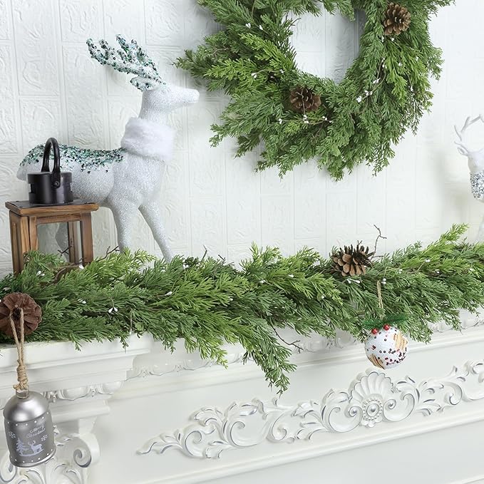 Christmas Garland, 6 Ft Dark Green with Pinecones and White Beads