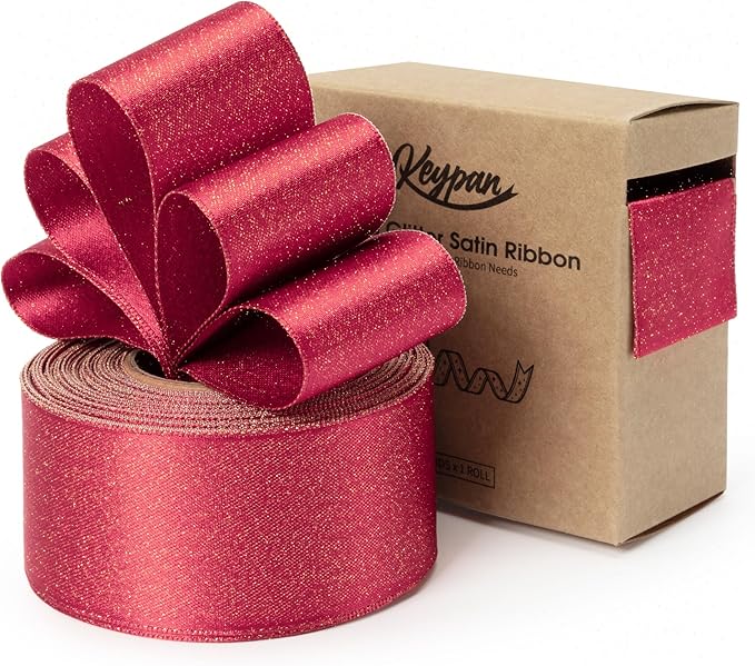 Christmas Ribbon Wired Red Satin Ribbons 1-1/2 Inch Double-Faced Gold Glitter for Tree Decoration, Wreath, Gift Wrapping, Home Decor 10 Yards