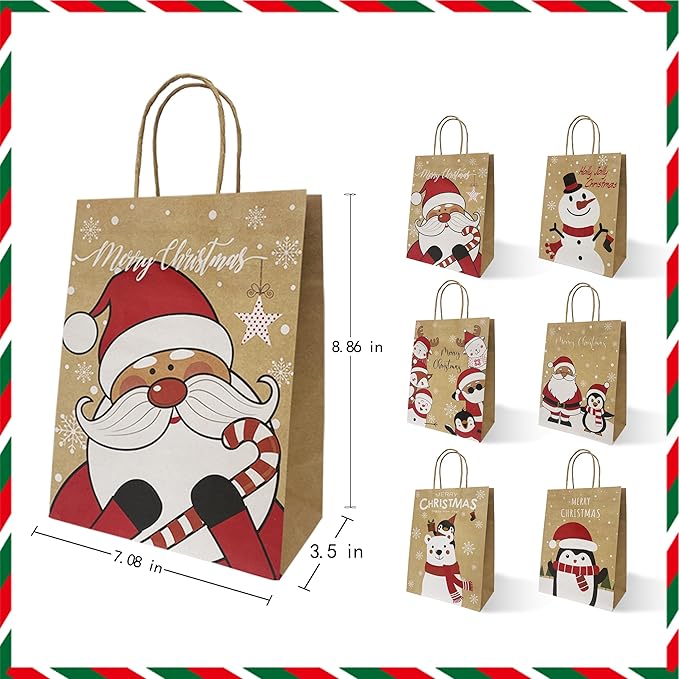 Gift Bags with Handles, 24 Count Kraft Paper Christmas Designs