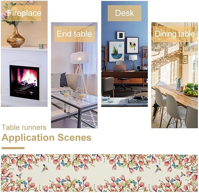 Flowers Table Runner,Floral Bird Butterfly Spring Table Cloth Kitchen Dining Table Home Party Decoration 13x108 Inch