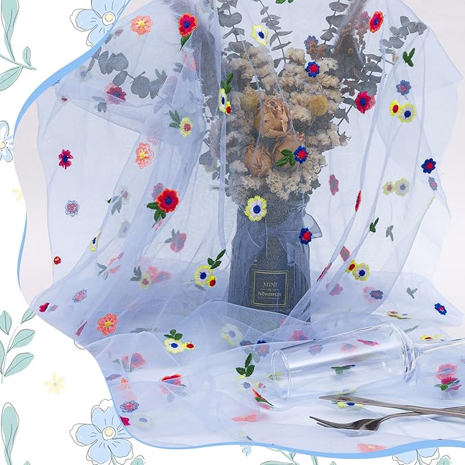 BINBE 1pcs Daisy Fall Table Runner Embroidery Gauze 10FT Florals Seasonal Tulle Holiday Birthday Kitchen Dining Table Decor for Home Party Blue