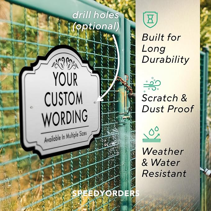 Custom Decorative Outdoor Metal Sign, Personalized Aluminum Driveway Sign - Waterproof, Made in USA - Design 2 Metallic Silver 14x10 In