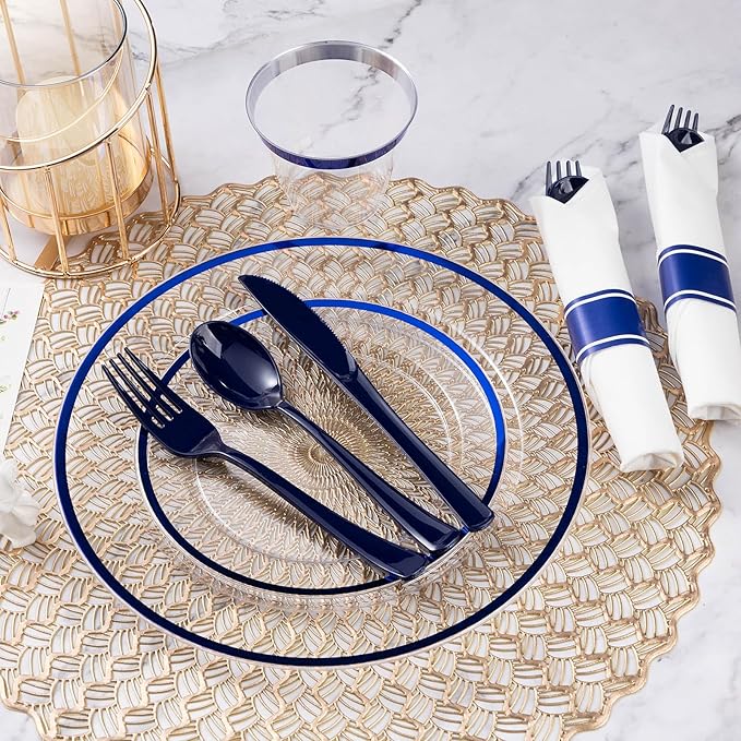 Plates Set for 25 Guests, 175 Pieces, Dark Blue with Blue Rim