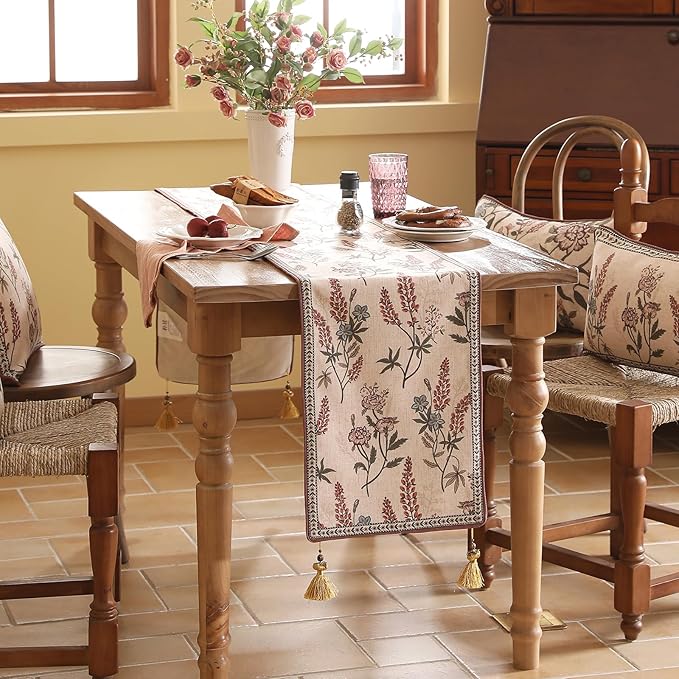 ISAENNE Designer Light Beige Linen Extra Long Table Runner 118 Inches,Vintage Floral Wrinkle Resistant Table Runners for Dining Tables,Christmas,Thanksgiving,Kitchen Tables,12"*118"-Helena A