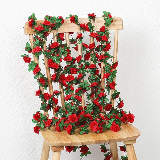 KHOYIME 9 Pack 72 FT Artificial Flower Garland, Fake Red Roses Vines Silk Flowers Faux Plastic Outdoor Hanging Floral Ivy Garland Decoration for Wedding Arch Bedroom Home Wall Backdrop Room Decor