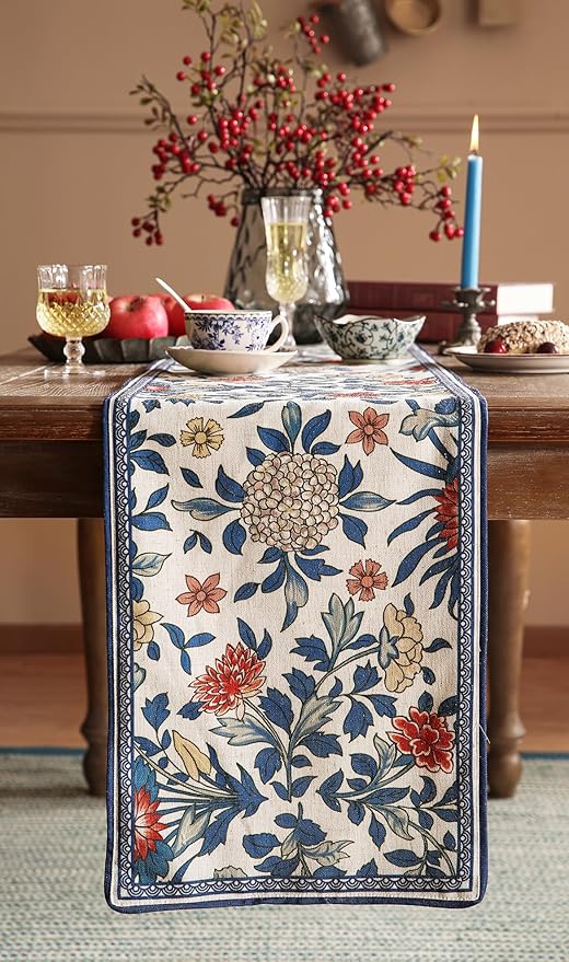 patdrea Designer Blue Cottage Rustic Floral Patterned Linen Table Runner 87 Inch Long,Wrinkle Resistant Table Mat,Decoration for Kitchen Dining and Coffee Tables Banquet Christmas , 12"x87"