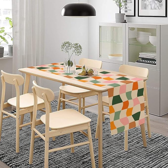 Hippie Table Runner, Vintage Geometric Square Orange Green Pink Grid 60s 70s Style Kitchen Dining Room Decor for Indoor Outdoor Wedding Party Table Runner 13x108 Inch