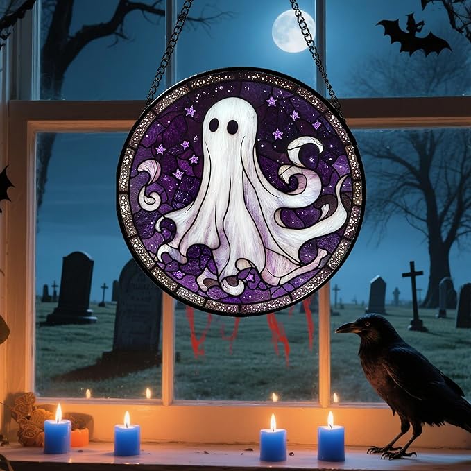 Stained Glass Window Hanging - Halloween Decorations White Ghost Purple Stars Suncatcher for Doors Garden Spooky Funny Sun Catchers Gothic Decor Horror Gifts for Women Men Friend 6.3 in
