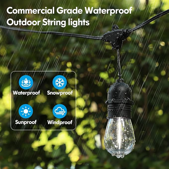 String Lights 48FT Outdoor Patio, 15 Sockets, Daylight White