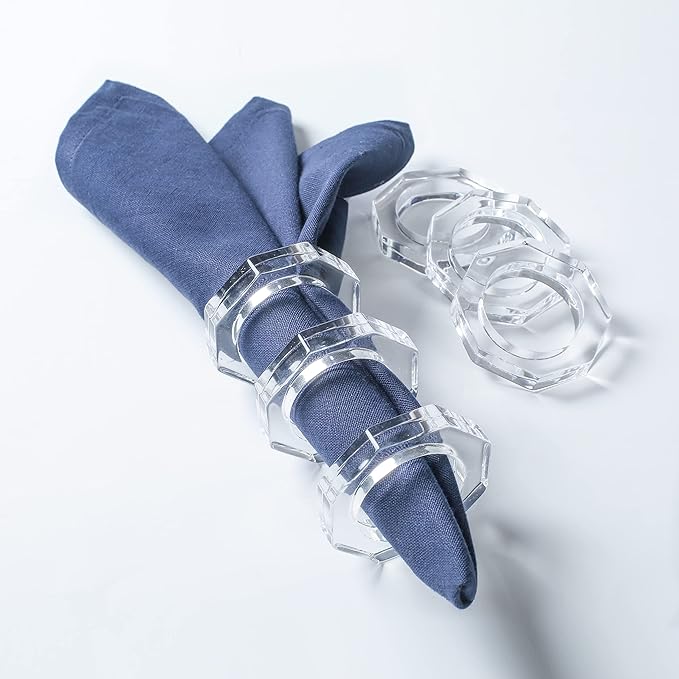 Clear Acrylic Napkin Rings, 12 Pack, Faceted Oval Design