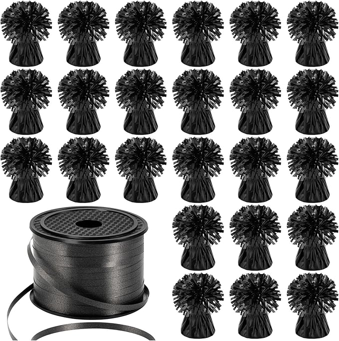 Balloon Weights 24 Pcs Black Metallic Round Anchors With Crimped Ribbon