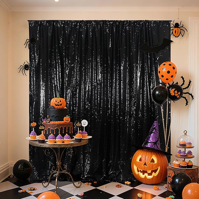 Poise3EHome Black Sequin Backdrop (6Ft x 6Ft),Thick Satin Black Sequin Photo Backdrop Curtain,Sparkly Opaque Photography Curtain Sequence Xmas Thanksgiving Backdrop for Wedding Party Decor