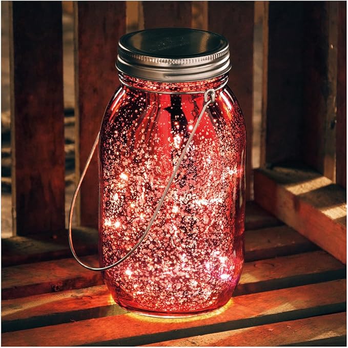 Decorative Candle Lantern, Red Mercury Glass, 6.75-Inch LED with Timer