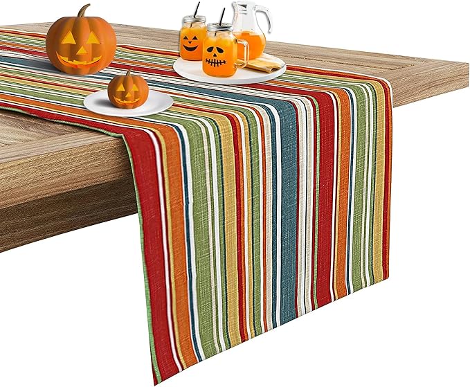 Ruvanti 100% Cotton Table Runner 120 Inches Long, Non-Slip, Stain Resistant, Washable & Reusable Table Runners Perfect for Wedding, Parties, Christmas, Holiday, in-Door use - Multi Stripe
