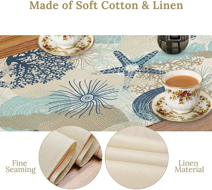 Nautical Coastal Table Runner，Ocean Themed Starfish Coral Conch Beach Kitchen Dinning Table Decoration for Indoor Outdoor Home Party Decor 13x90 Inch