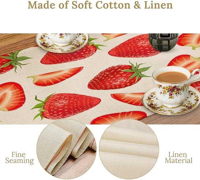 Strawberry Table Runner Spring Summer Wild Berry Fruit Theme Dinner Runner for Girl Baby Shower Party Holiday Home Kitchen Dining Table Decor 13x60
