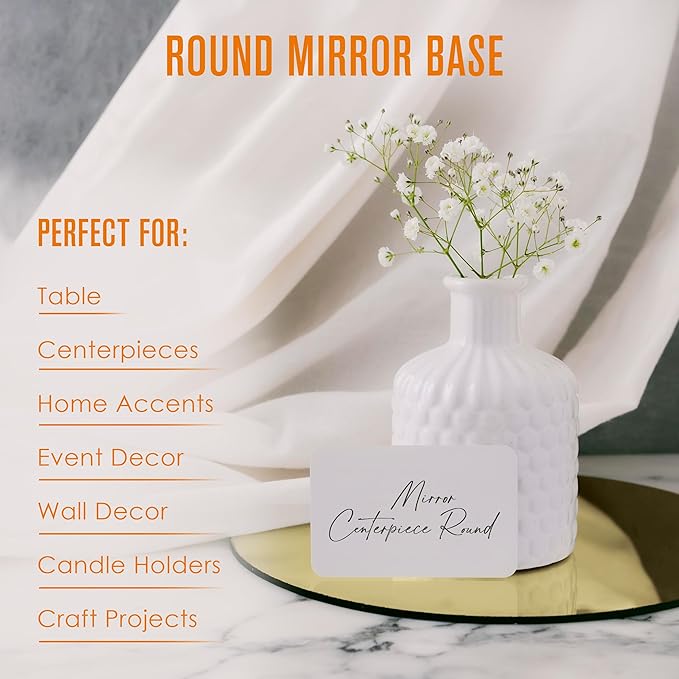 Houseables Gold Mirror Centerpieces For Tables, Round Mirrors For Centerpieces, Mirrored Trays, Round Table Plate Tray, Circle, Glass Charger, Wedding, Center Piece, Small, Base, Candle, 12 Inch, 12PK