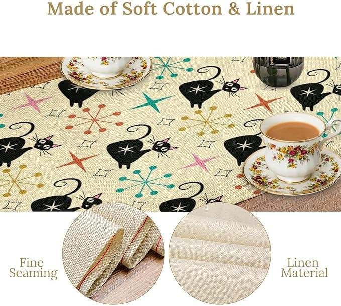 Mid Cat Table Runner, Vintage Black Cat and Atomic Stars 1950s 1960s Abstract Geometric Space Pattern Table Decoration for Home Kitchen Restaurant 13x120 Inches