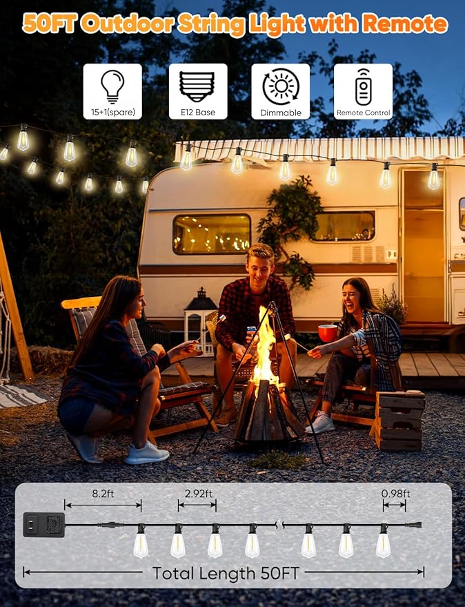 String Lights 50 Ft Waterproof Warm White LED Patio Lights with Remote