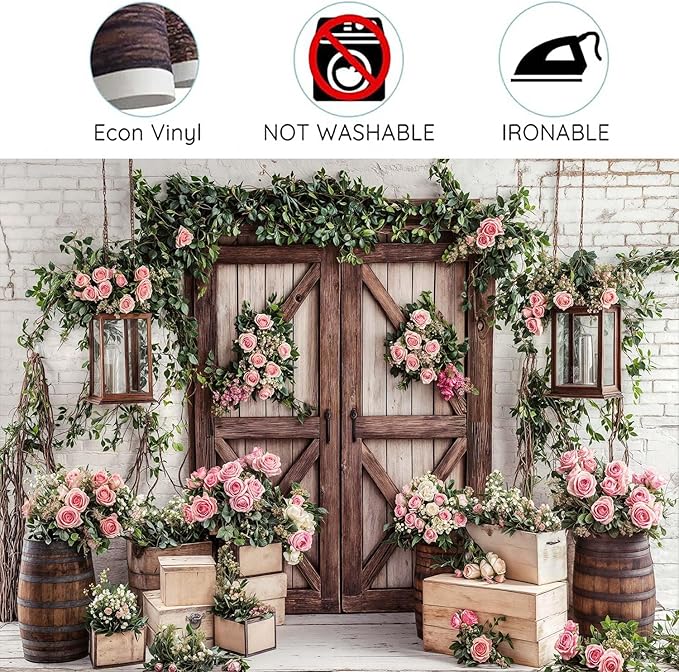 9x6ft Country Wedding Photography Backdrop Floral Rustic Roses Farmhouse Wooden Door Backdrop Pink Flower Birthday Baby Shower Wedding Bridal Party Banner Photo Booth Props Anniversary Background