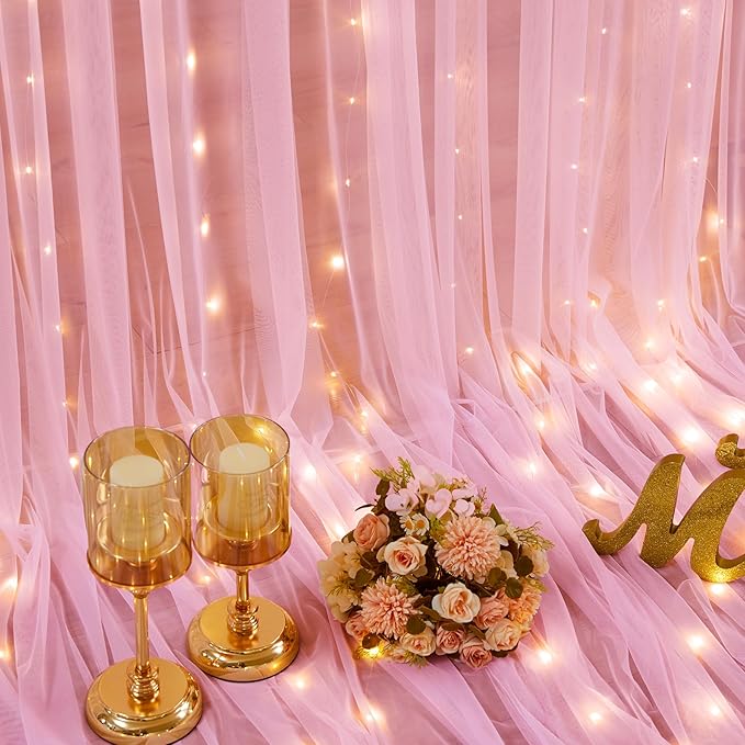 Sheer Backdrop Curtains with Lights String for Weddings Baby Showers, 10x10ft Sheer Tulle Photo Backdrop Curtains for Birthday Party Photography Background Decoration, Pink