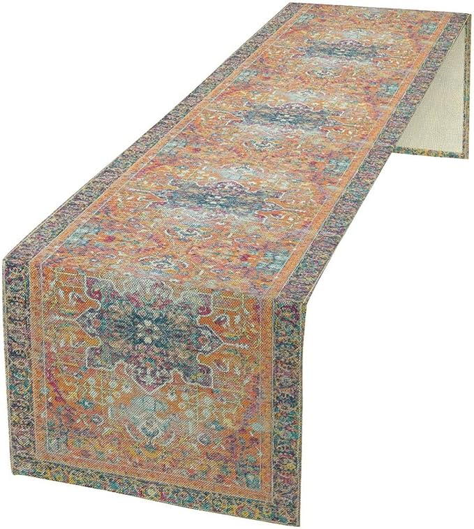 Boho Floral Vintage Table Runner, Orange Retro Flower Rustic Country Farmhouse Abstract Pattern for Home Kitchen Table Decor Dining Coffee Room Party Decor 13x72in