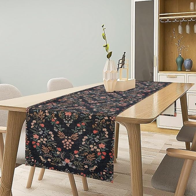 Morris Flower Table Runner, Vintage Blue Floral Rustic Country Style Floral Print Pattern for Home Kitchen Table Decor Dining Coffee Room Garden Party Decor 13x90in