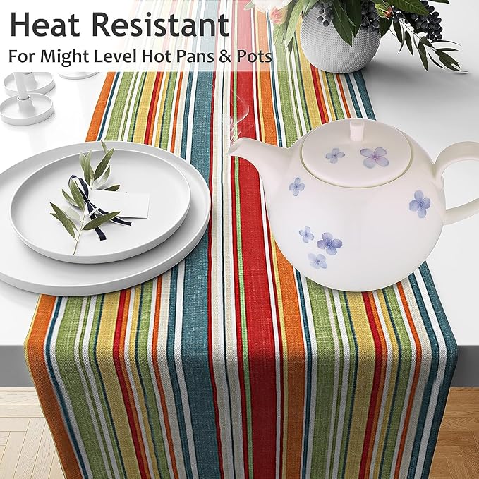 Ruvanti 100% Cotton Table Runner 36 Inches Long, Non-Slip, Stain Resistant, Washable & Reusable Table Runners Perfect for Wedding, Parties, Christmas, Holiday, in-Door use - Multi Stripe