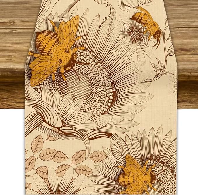 Vintage Bee Table Runner, Rustic Retro Wildflowers Print Home Farmhouse Table Cover for Party Indoor Outdoor Decoration Kitchen Dining Table Decor, 13x90inch