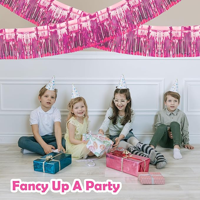 4 Pack Float Fringe Curtains, Metallic Foil Fringe Garland Shiny Tassel Foil Float Parade Float Decorations for Trailer Car Graduation Homecoming Valentine Outdoor Indoor Party (Pink)