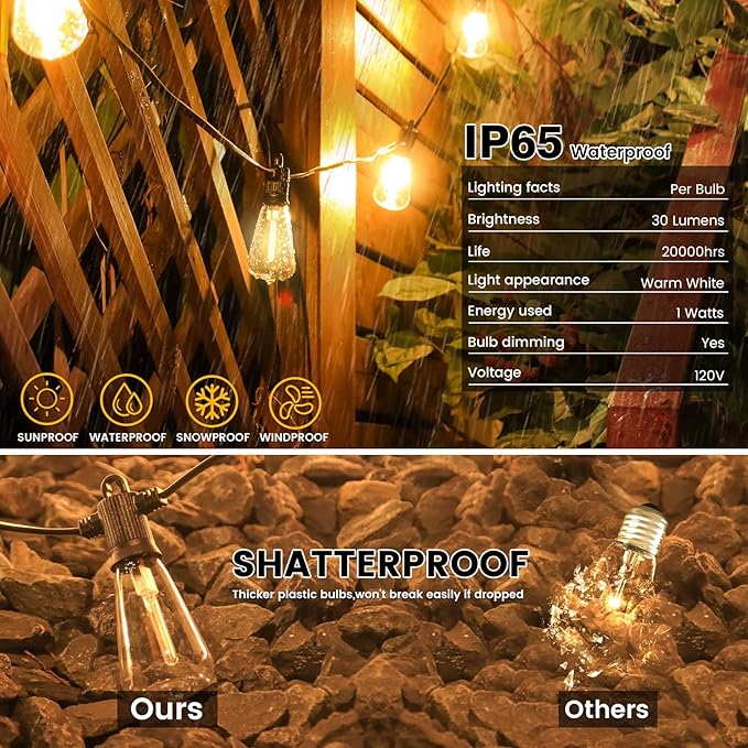 String Lights, 25 ft Outdoor Vintage Edison Style with 12 Warm White Bulbs
