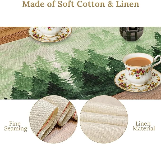 Foggy Forest Table Runner,Watercolor Wreen Misty Forest Landscape Table Runner for Kitchen Dining Table Home Party Decoration 13x120 Inch