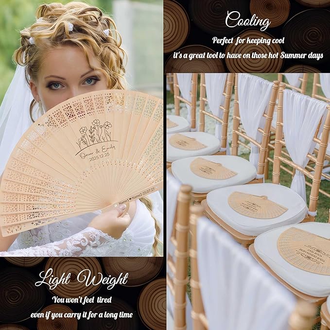 50 PCS Custom Fans Personalized Folding Fans for Line Dancing Wooden Hand Fan Wedding Favors Bulk Fans for Guests Party Event Use (Style15)