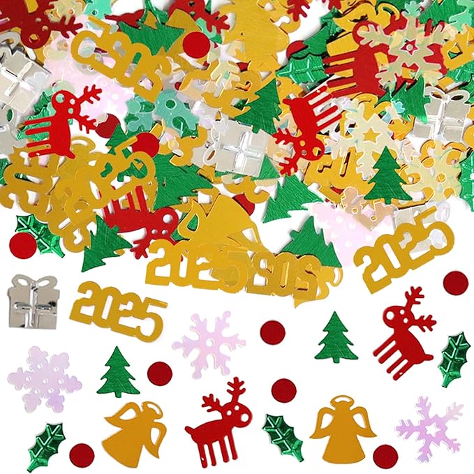 Christmas Day Confetti, Shape Glitter Metallic Foil Table Scatters Confetti Red Green White Party Decorations Table Sprinkles Snowflake Santa Elk for Christmas Party Supplies Decor