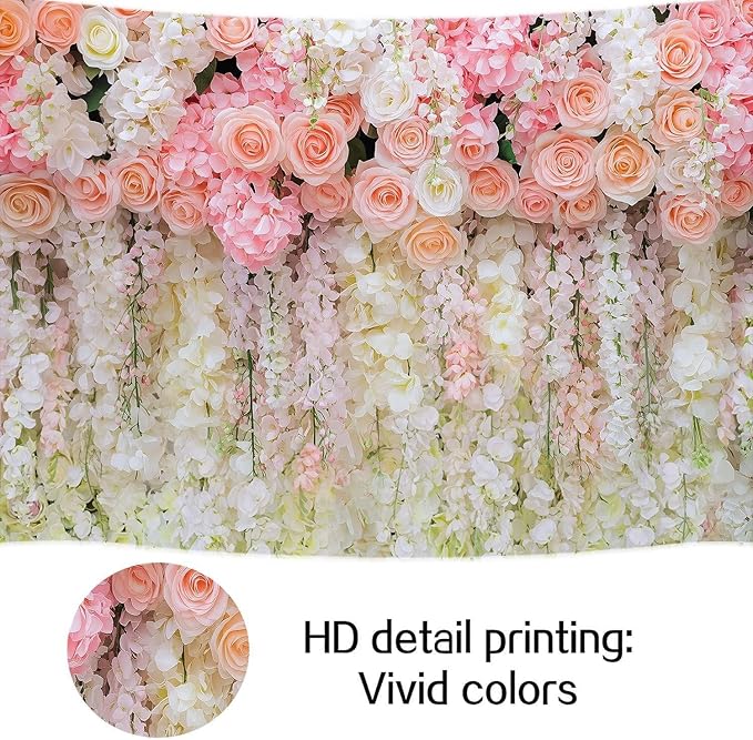 5x3ft Pink Rose Flower Wedding Photography Backdrop Spring Floral Photography Backdrop Valentine's Day Mother's Day Girl Birthday Baby Shower Wedding Bridal Party Banner Photo Booth Props Background