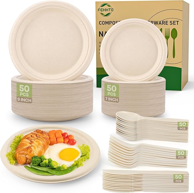 Disposable Plates Set for Parties, 250 Pieces, Compostable Sugarcane Fiber