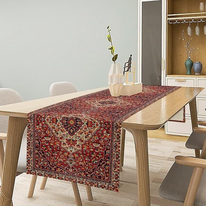 Boho Floral Vintage Table Runner, Paisley Retro Red Flower Rustic Country Farmhouse Abstract Pattern for Home Kitchen Table Decor Dining Coffee Room Party Decor 13x90in