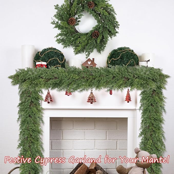 Green Christmas Garland, 16 Ft Polyethylene Holiday Greenery with Ring Hook