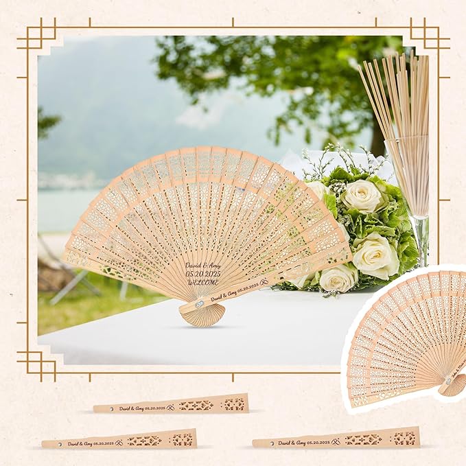 200pcs Personalized Wedding Fans for Guests - Custom Wooden Hand Fans with Names/Dates - Bulk Wedding Favors for Bridal Shower, Baby Shower & Parties (Wood, 200pcs)
