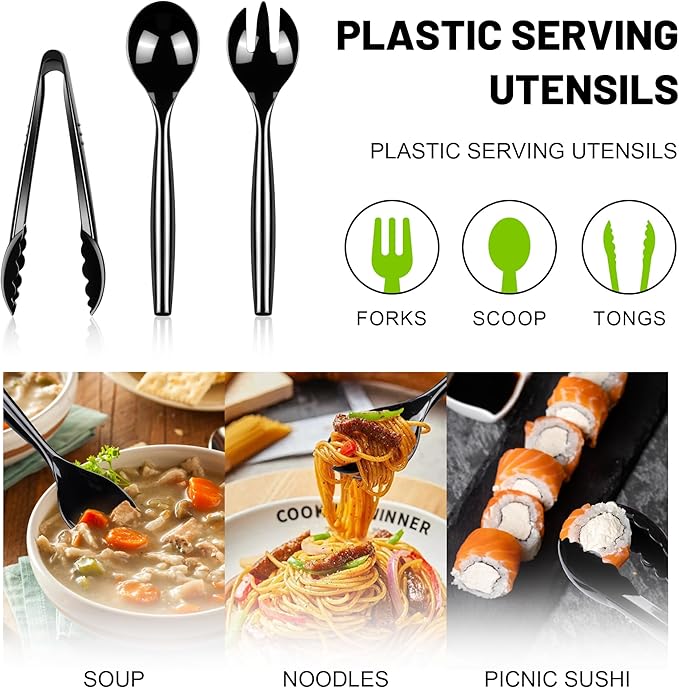 Serving Utensil Set: Black Plastic Spoons, Tongs and Forks