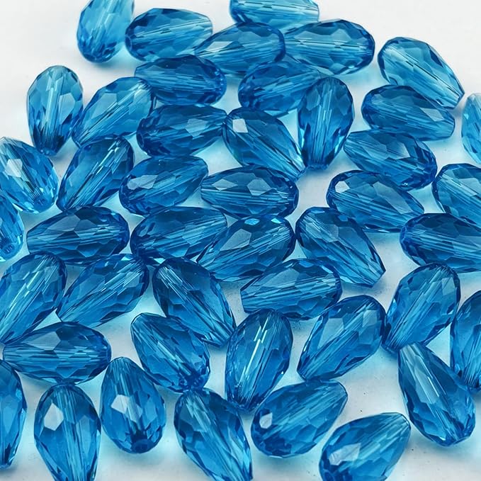 130pcs 6x8mm Teardrop Crystal Glass Beads for Jewelry Making, Faceted Vertical Hole Teardrop Glass Spacer Beads for Wind Chimes Bracelet Earring Necklace DIY Craft(Lake Blue)