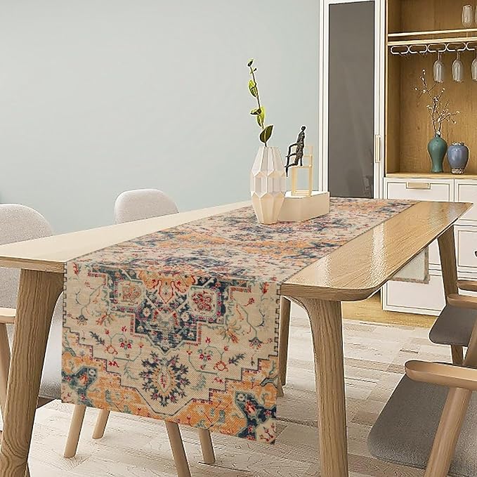 Bohemia Orange Table Runner, Rustic Farmhouse Vintage Geometric Floral Print Table Cover for Home Kitchen Dining Table Party Decor, 13x120inch
